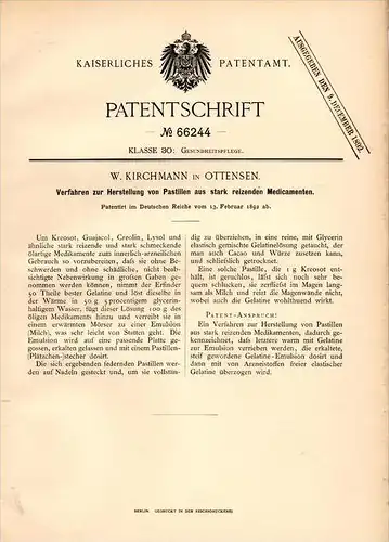 Original Patentschrift - W. Kirchmann in Ottensen , 1892 , Pastillen aus Medikament , Arzt , Drogen , Apotheke , Hamburg