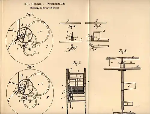 Original Patentschrift - Fritz Gäggel in Gammertingen , 1888 , Sprungwerk für Uhren , Uhr , Uhrmacher !!!