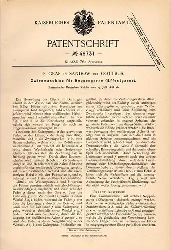 Original Patentschrift - E. Graf in Sandow b. Cottbus , 1888 , Zwirnmaschine für Effectgarn , Effect , Spinnerei  !!!