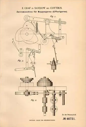 Original Patentschrift - E. Graf in Sandow b. Cottbus , 1888 , Zwirnmaschine für Effectgarn , Effect , Spinnerei  !!!