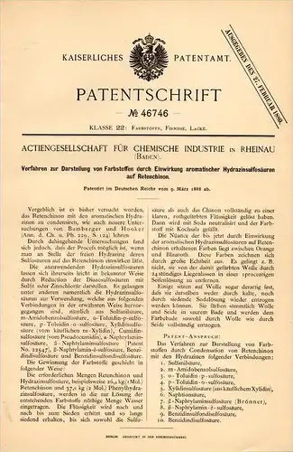 Original Patentschrift - Chemische Industrie AG in Rheinau , 1888 , Darstellung von Farbstoff , Farbe , Freistett !!!