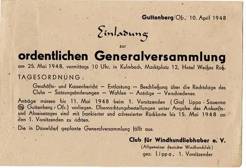 Club der Windhund - Liebhaber 1948 , Schloß Guttenberg , Graf von Lippa - Sauerma , Windhunde , Kulmbach , Saluki !!!