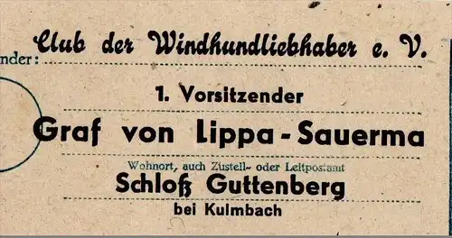 Club der Windhund - Liebhaber 1948 , Schloß Guttenberg , Graf von Lippa - Sauerma , Windhunde , Kulmbach , Saluki !!!