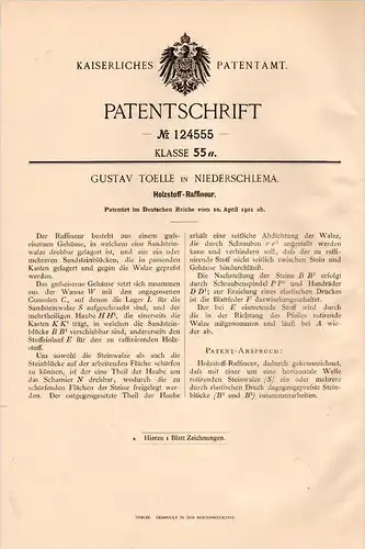 Original Patentschrift - G. Toelle in Niederschlema / Schlema , 1901 , Holzstoff - Raffineur , Holz !!!