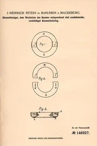 Original Patentschrift - J. Peters in Barleben b. Magdeburg , 1903 , Baumschutzring , Baumschule , Gärtnerei , Bäume !!!