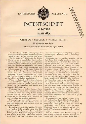 Original Patentschrift - Wihelm von Neudeck in Rastatt , 1902 , Dichtungsring aus Metall , Leitung , Metallbau !!!