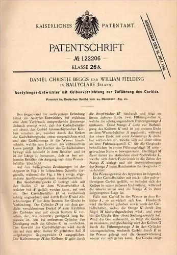 Original Patentschrift - D. Beggs and W. Fielding in Ballyclare , Ireland , 1899 , Acetylene - apparatus for carbide !!!