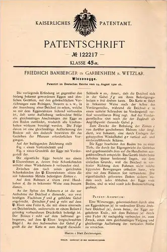 Original Patentschrift - F. Bamberger in Garbenheim b. Wetzlar , 1900 , Wiesenegge , Egge , Landwirtschaft , Agrar !!!