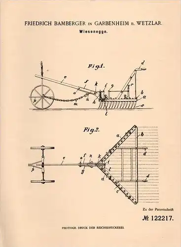 Original Patentschrift - F. Bamberger in Garbenheim b. Wetzlar , 1900 , Wiesenegge , Egge , Landwirtschaft , Agrar !!!