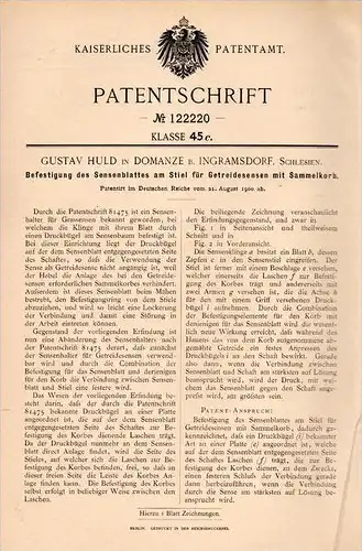Original Patentschrift -G. Huls in Domanze b. Ingramsdorf ,1900, Getreidesensen - Vorrichtung, Sense , Agrar , Schlesien