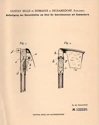 Original Patentschrift -G. Huls in Domanze b. Ingramsdorf ,1900, Getreidesensen - Vorrichtung, Sense , Agrar , Schlesien