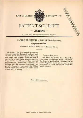 Original Patentschrift - A. Brocksch in Dramburg i. Pommern , 1883 , Düngerstreumaschine , Drawsko Pomorskie !!!