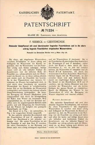 Original Patentschrift - F. Seebeck in Geestemünde , 1892 , Dampfkessel mit Feuerbüchsen , Dampfmaschine , Bremerhaven !