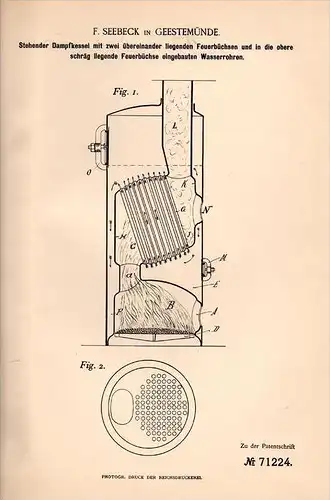 Original Patentschrift - F. Seebeck in Geestemünde , 1892 , Dampfkessel mit Feuerbüchsen , Dampfmaschine , Bremerhaven !