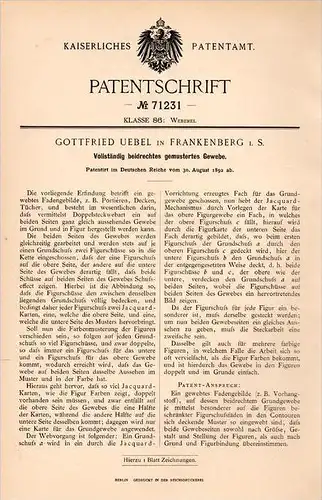 Original Patentschrift - G. Uebel in Frankenberg i.S., 1892 , gemustertes Gewebe , Weberei , Weber , Tuch , Tücher !!!