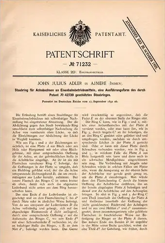 Original Patentschrift - J.J. Adler in Ajmere / Ajmer , Indien , 1892 , Staubring für Eisenbahn - Achsen !!!