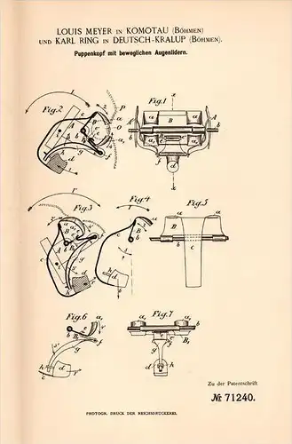 Original Patentschrift - K. Ring in Deutsch Kralup / Kralupy nad Vltavou ,1892 , Puppenkopf , Puppe , Komotau / Chomutov