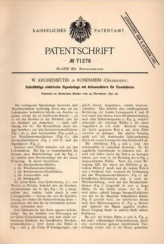 Original Patentschrift - W. Kronenbitter in Rosenheim i. Oberbayern ,1891 , Signalanlage für Eisenbahn , Gleise , Signal