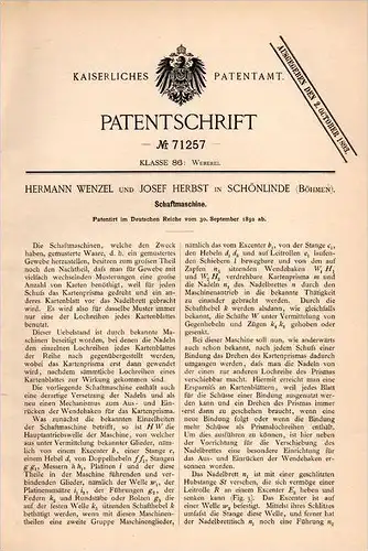 Original Patentschrift - H. Wenzel und J. Herbst in Schönlinde / Krásná Lipa , 1892 , Schaftmaschine , Weberei , Weber !