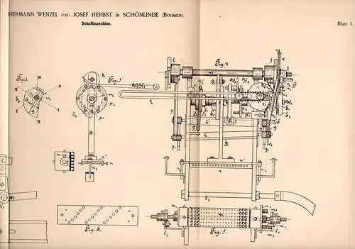 Original Patentschrift - H. Wenzel und J. Herbst in Schönlinde / Krásná Lipa , 1892 , Schaftmaschine , Weberei , Weber !