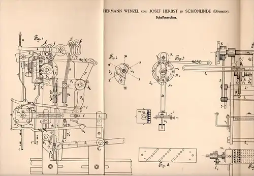 Original Patentschrift - H. Wenzel und J. Herbst in Schönlinde / Krásná Lipa , 1892 , Schaftmaschine , Weberei , Weber !