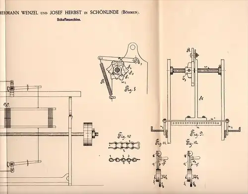 Original Patentschrift - H. Wenzel und J. Herbst in Schönlinde / Krásná Lipa , 1892 , Schaftmaschine , Weberei , Weber !