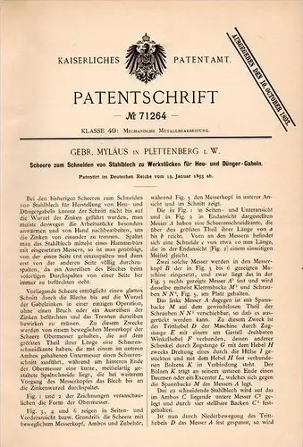 Original Patentschrift - Gebr. Myläus in Plettenberg i. W., 1893 , Scheere für Heugabeln , Metallbau , Landwirtschaft !!