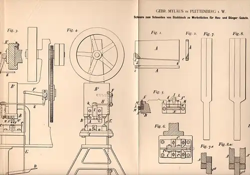 Original Patentschrift - Gebr. Myläus in Plettenberg i. W., 1893 , Scheere für Heugabeln , Metallbau , Landwirtschaft !!