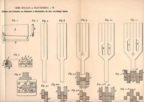 Original Patentschrift - Gebr. Myläus in Plettenberg i. W., 1893 , Scheere für Heugabeln , Metallbau , Landwirtschaft !!