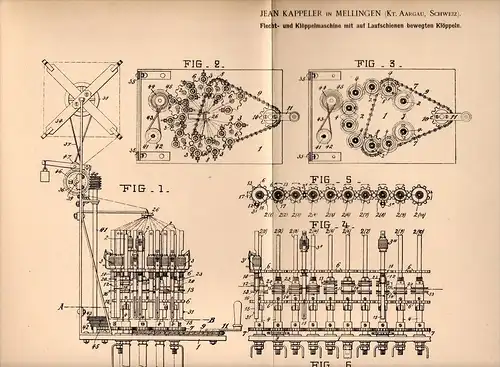 Original Patentschrift - Jean Kappeler in Mellingen , Aargau , 1902 , Flechtmaschine , Flechterei , Klöppel !!!