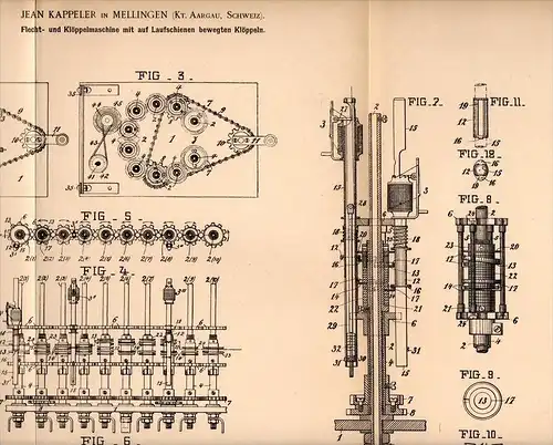 Original Patentschrift - Jean Kappeler in Mellingen , Aargau , 1902 , Flechtmaschine , Flechterei , Klöppel !!!