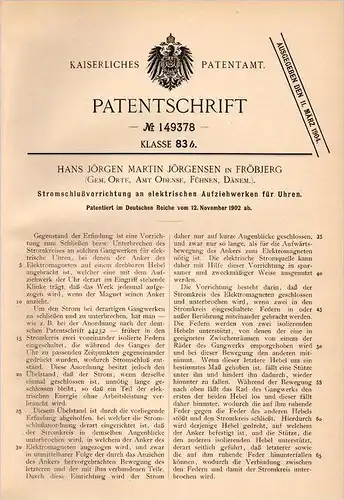 Original Patentschrift - H. Jörgensen in Fröbjerg b. Odense , Demark , 1902, elektrische Uhr , Fünen , Fyns , Bavnehøj !