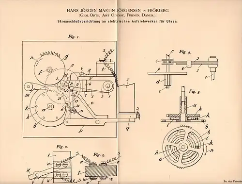Original Patentschrift - H. Jörgensen in Fröbjerg b. Odense , Demark , 1902, elektrische Uhr , Fünen , Fyns , Bavnehøj !