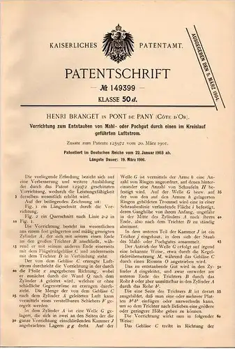 Original Patentschrift - H. Branget dans Pont de Pany , 1903 , Appareil pour enlever la poussière, moulin !!!