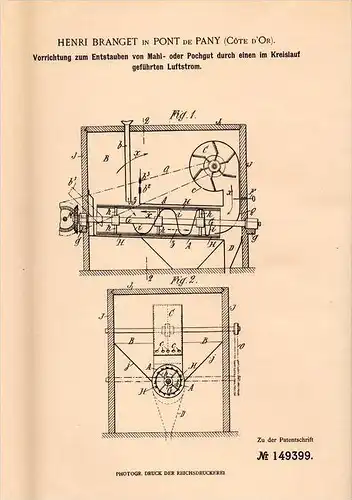 Original Patentschrift - H. Branget dans Pont de Pany , 1903 , Appareil pour enlever la poussière, moulin !!!