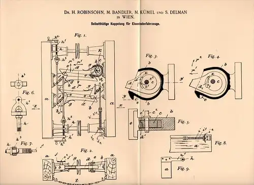 Original Patentschrift - Dr. H. Robinsohn , M. Bandler in Wien , 1895 , Kupplung für Eisenbahn , S. Delman !!!