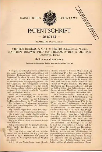 Original Patentschrift - W. Wight in Pentre , Wales , 1895 , control of steam engine , M. Wild , T. Ryder in Lancaster !