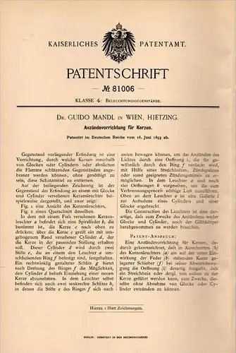 Original Patentschrift - Guido Mandl in Wien , 1893 , Anzündeapparat für Kerzen , Beleuchtung !!!