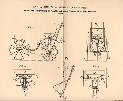 Original Patentschrift - M. Hniliza und G. Fuchs in Wien , 1894 , Lenkung und Antrieb für Fahrrad , bicycle !!!