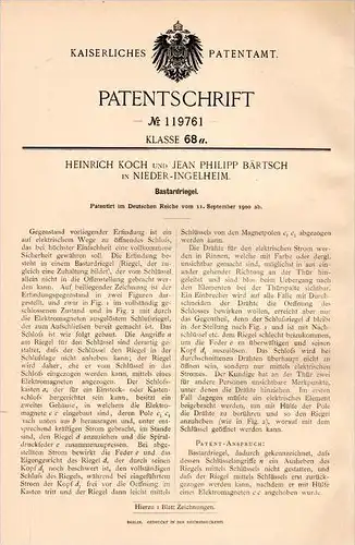 Original Patentschrift - H. Koch und J. Bärtsch in Nieder - Ingelheim , 1900 , Bastardriegel , Schloß , Schlüsseldienst