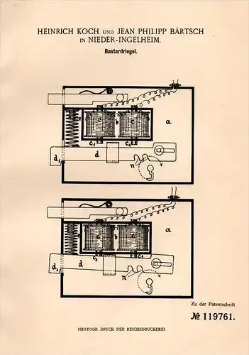 Original Patentschrift - H. Koch und J. Bärtsch in Nieder - Ingelheim , 1900 , Bastardriegel , Schloß , Schlüsseldienst