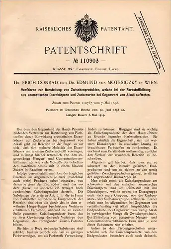 Original Patentschrift - Dr. E. Motesiczky in Wien , 1898 , aromatische Diazokörper , Zucker , Chemie , Dr. E. Conrad !!