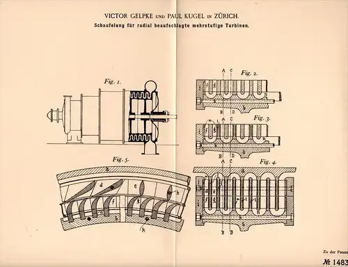 Original Patentschrift - V. Gelpke und P. Kugel in Zürich , 1902 , Schaufelung für Turbinen , Turbine !!!