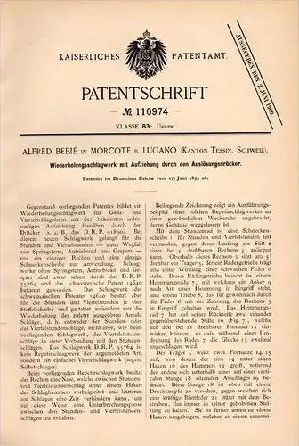 Original Patentschrift - Alfred Bebié in Morcote b. Lugano , 1899 , Schlagwerk für Uhren , Uhr , Uhrmacher , Paradiso !!