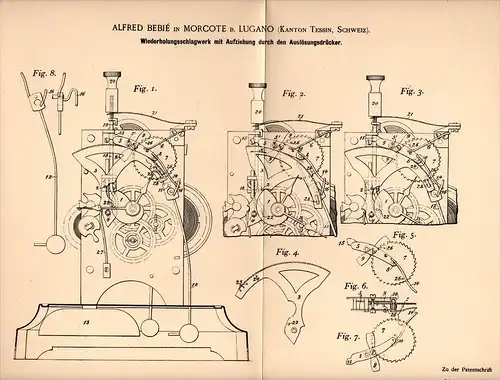 Original Patentschrift - Alfred Bebié in Morcote b. Lugano , 1899 , Schlagwerk für Uhren , Uhr , Uhrmacher , Paradiso !!