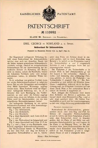 Original Patentschrift - Emil Georgi in Sohland a.d. Spree , 1899, Notverband für Schienen , Eisenbahn , Gleis , Schiene