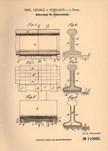 Original Patentschrift - Emil Georgi in Sohland a.d. Spree , 1899, Notverband für Schienen , Eisenbahn , Gleis , Schiene