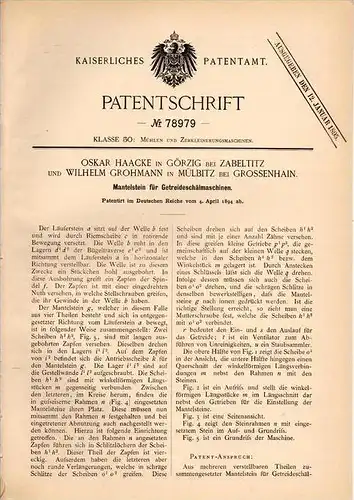 Original Patentschrift - O. Haacke in Zabeltitz und Großenhain , 1894 , Getreide - Schälmaschine , Mühle , Mülbitz !!!
