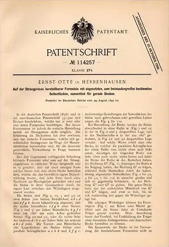 Original Patentschrift - Ernst Otte in Herrenhausen b. Hannover , 1897 , Strangpresse für Formsteine , Presse , Steine !