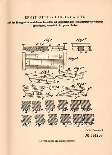 Original Patentschrift - Ernst Otte in Herrenhausen b. Hannover , 1897 , Strangpresse für Formsteine , Presse , Steine !